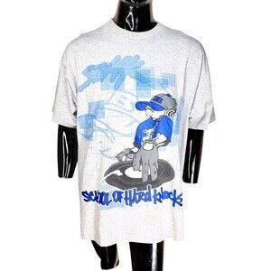 VTG 90s School Of Hard Knocks White Hip-Hop DJ Graffiti Double-Sided Graphic Tee